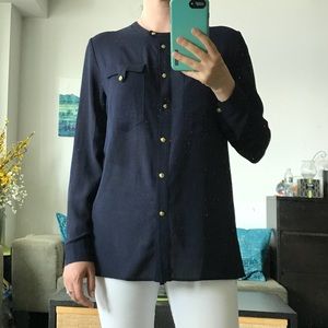 Military Navy button down chiffon shirt blouse S